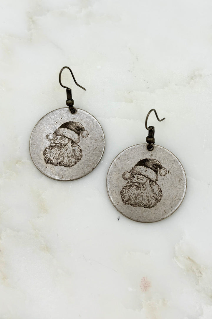 Christmas Santa Engraved Coin Dangle Earrings