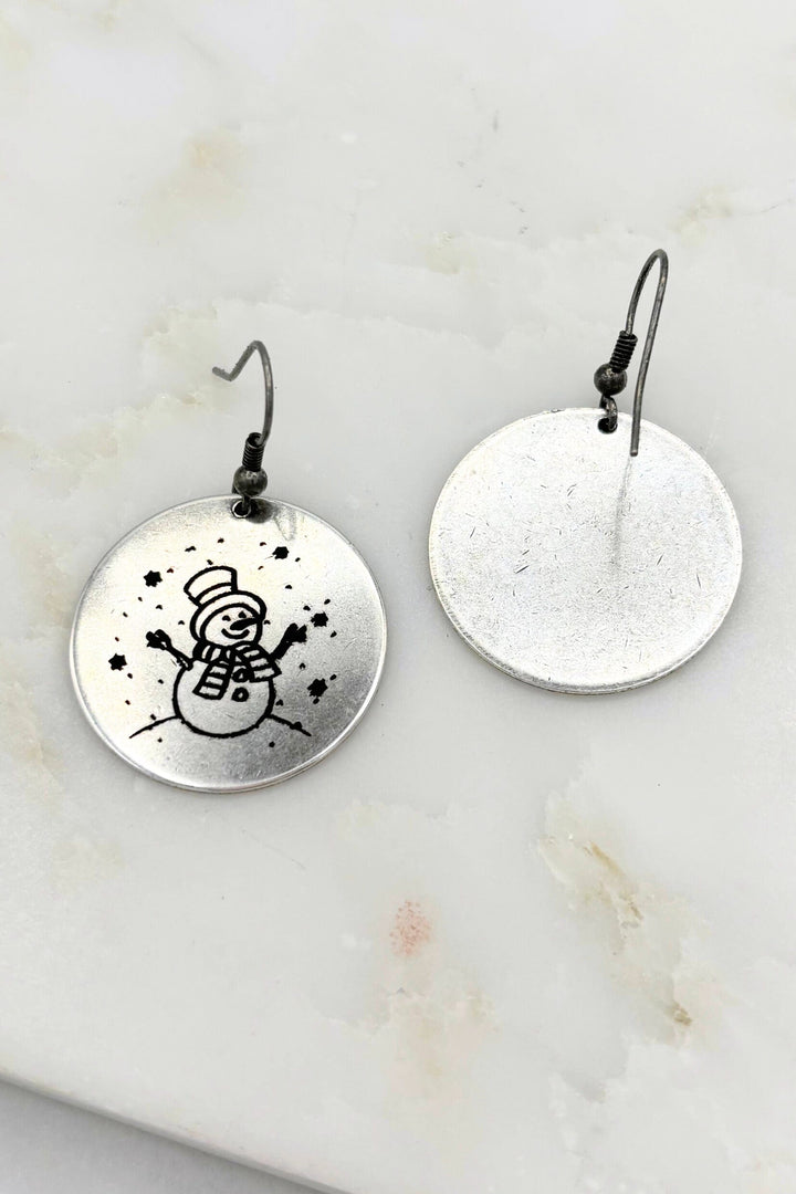 Christmas Snowman in a Winter Wonderland Large Engraved Coin Dangle Earrings