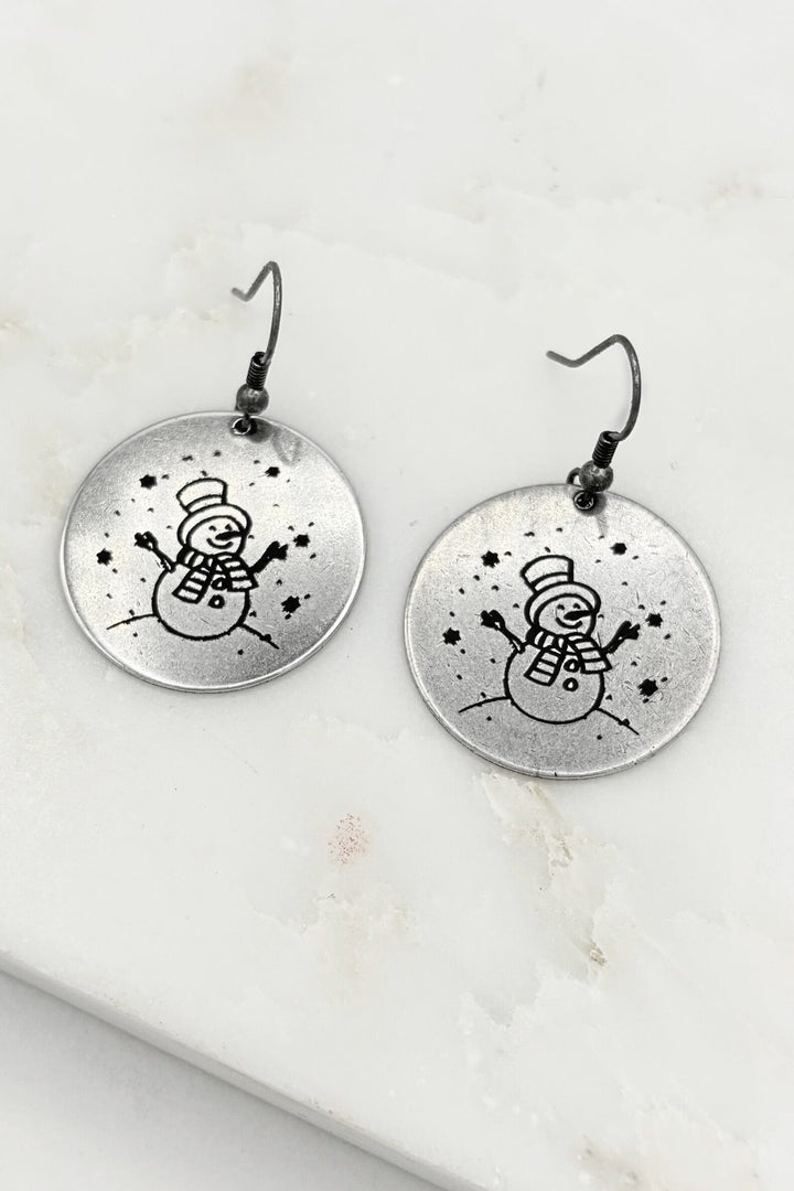 Christmas Snowman in a Winter Wonderland Large Engraved Coin Dangle Earrings