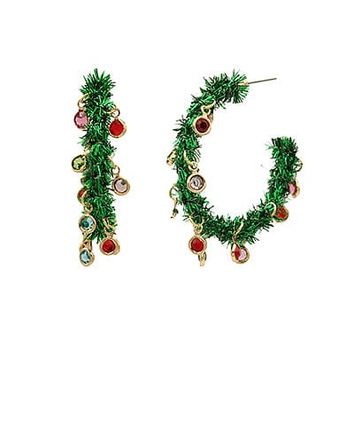 Christmas Tinsel Crystal Ornament Open Hoop Earrings