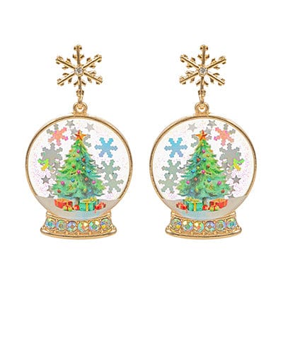 Christmas Tree Bedazzled Snow Globe Drop Earrings with Snowflake Posts