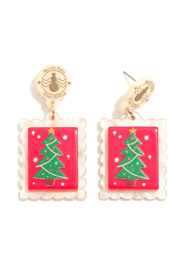 Christmas Tree Postage Stamp Acrylic Dangle Earrings