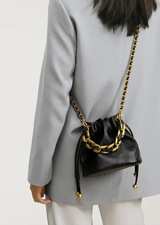 Chunky Braided Chain Detail Crossbody Ball End Drawstring Bucket Bag