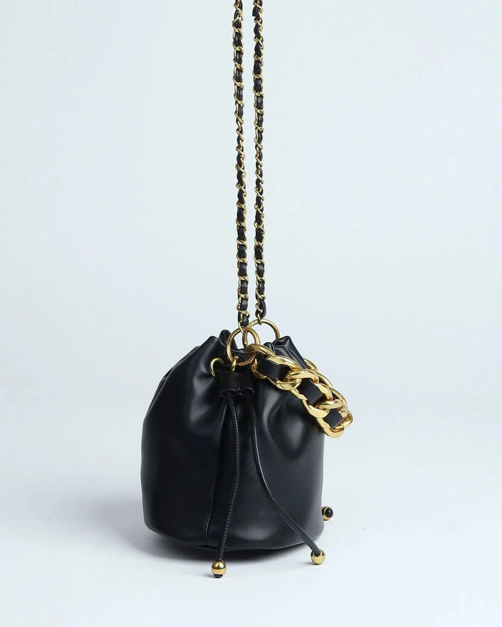Chunky Braided Chain Detail Crossbody Ball End Drawstring Bucket Bag
