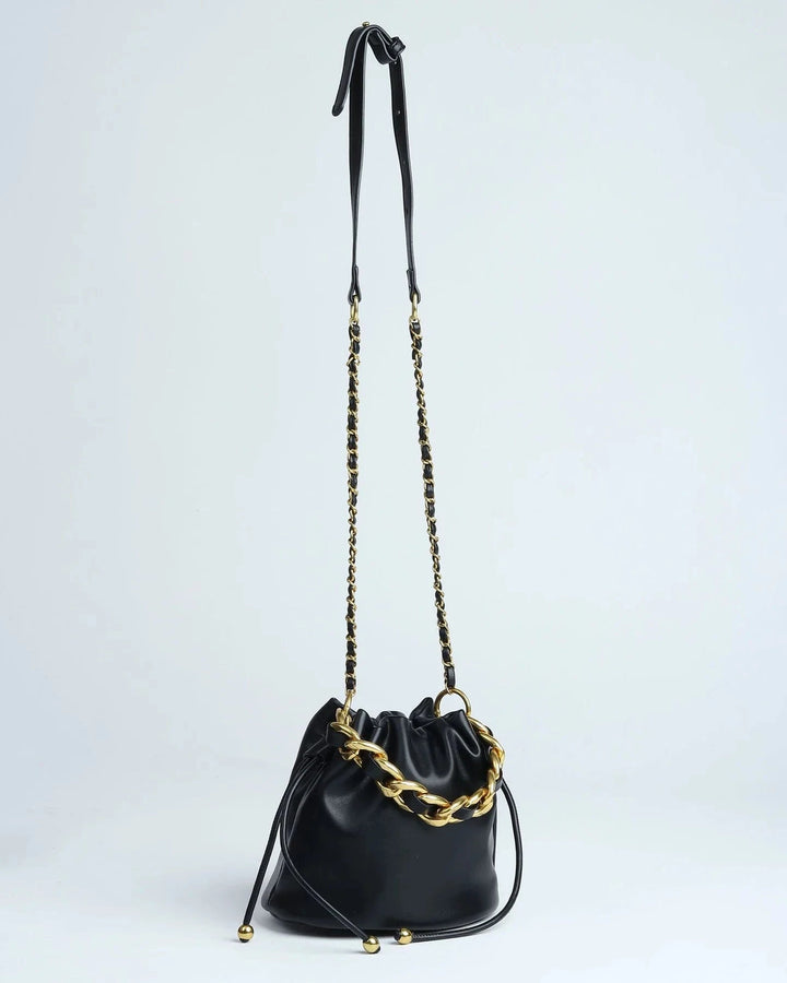 Chunky Braided Chain Detail Crossbody Ball End Drawstring Bucket Bag