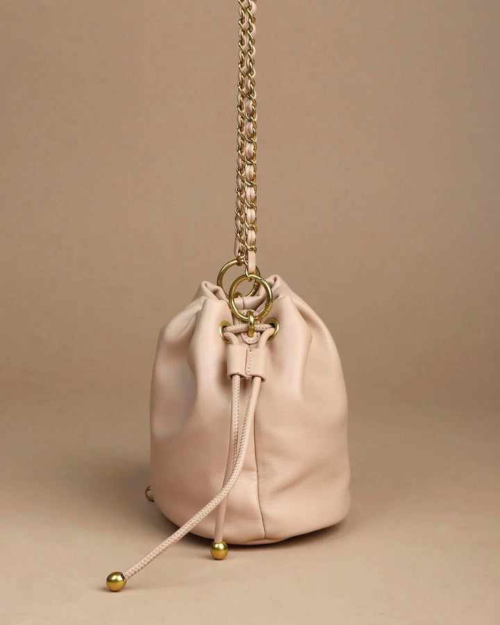 Chunky Braided Chain Detail Crossbody Ball End Drawstring Bucket Bag