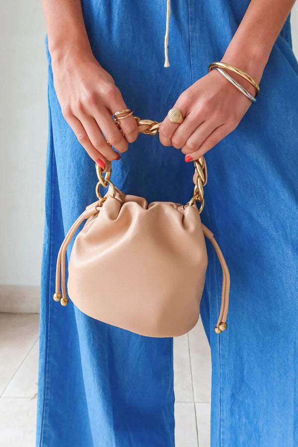 Chunky Braided Chain Detail Crossbody Ball End Drawstring Bucket Bag