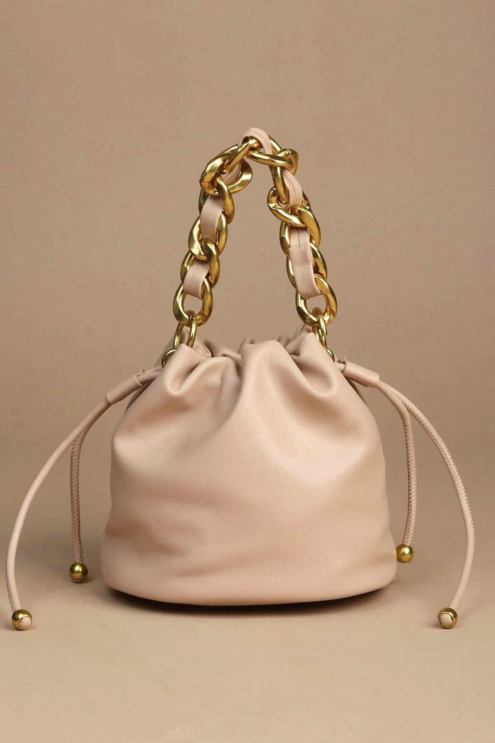 Chunky Braided Chain Detail Crossbody Ball End Drawstring Bucket Bag
