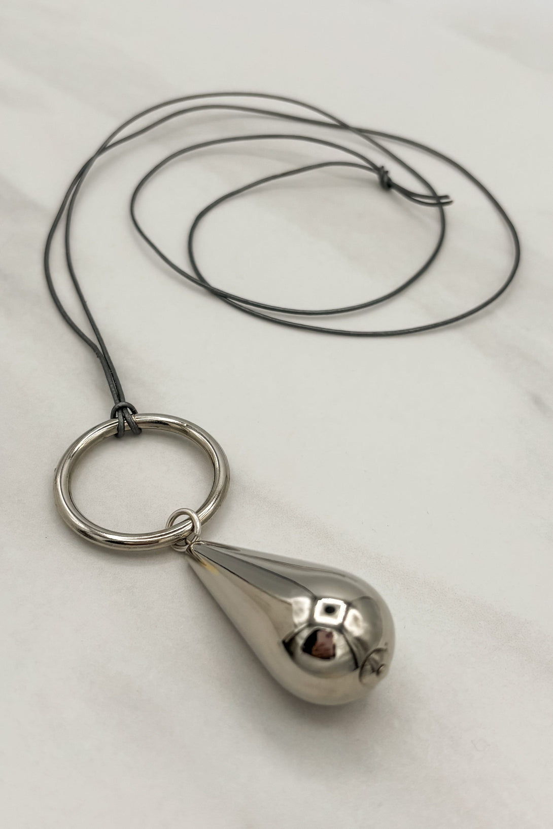 Circle and Teardrop Pendant on Leather Cord Necklace
