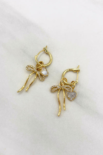 Clasp Huggie Hoops with Small CZ Heart Charm and Studded Dainty Bow Charm