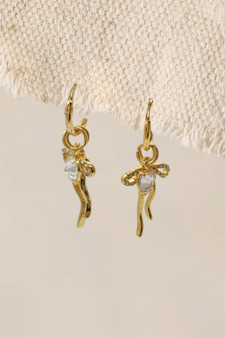 Clasp Huggie Hoops with Small CZ Heart Charm and Studded Dainty Bow Charm