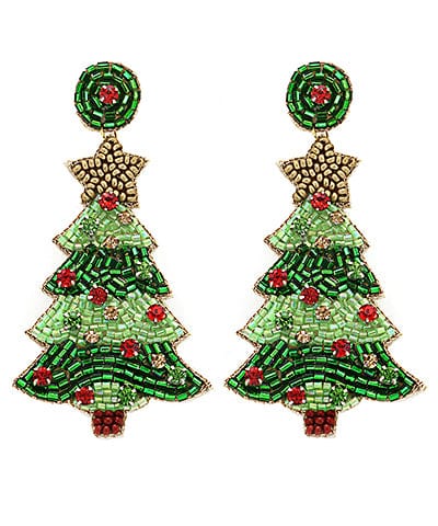 Classic Christmas Tree with Jewel Ornaments Beaded Dangle Earrings