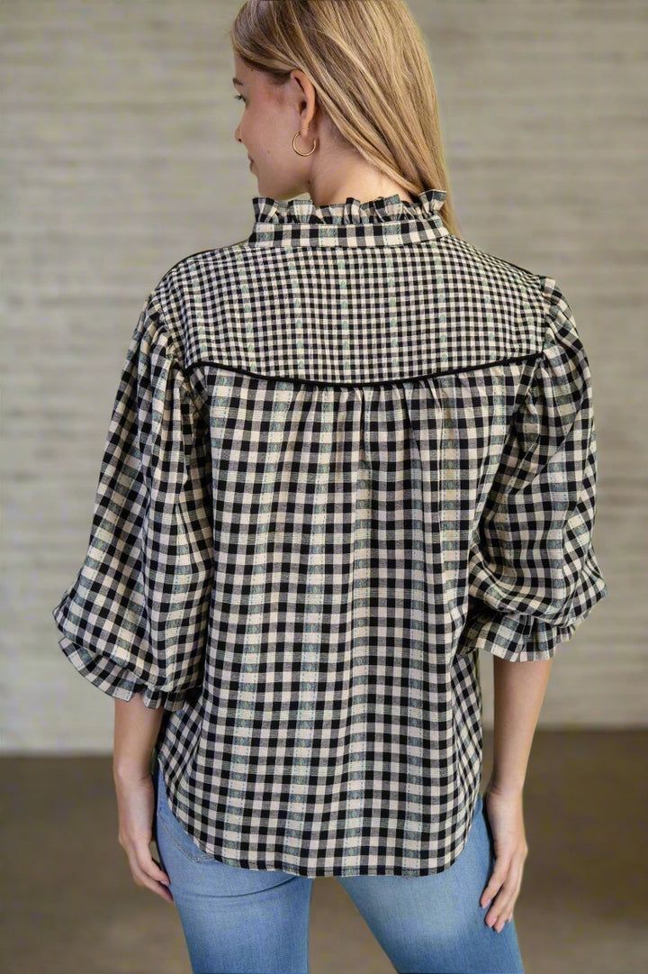 Color Accented Gingham Gathered Balloon Half Sleeve Blouse Top