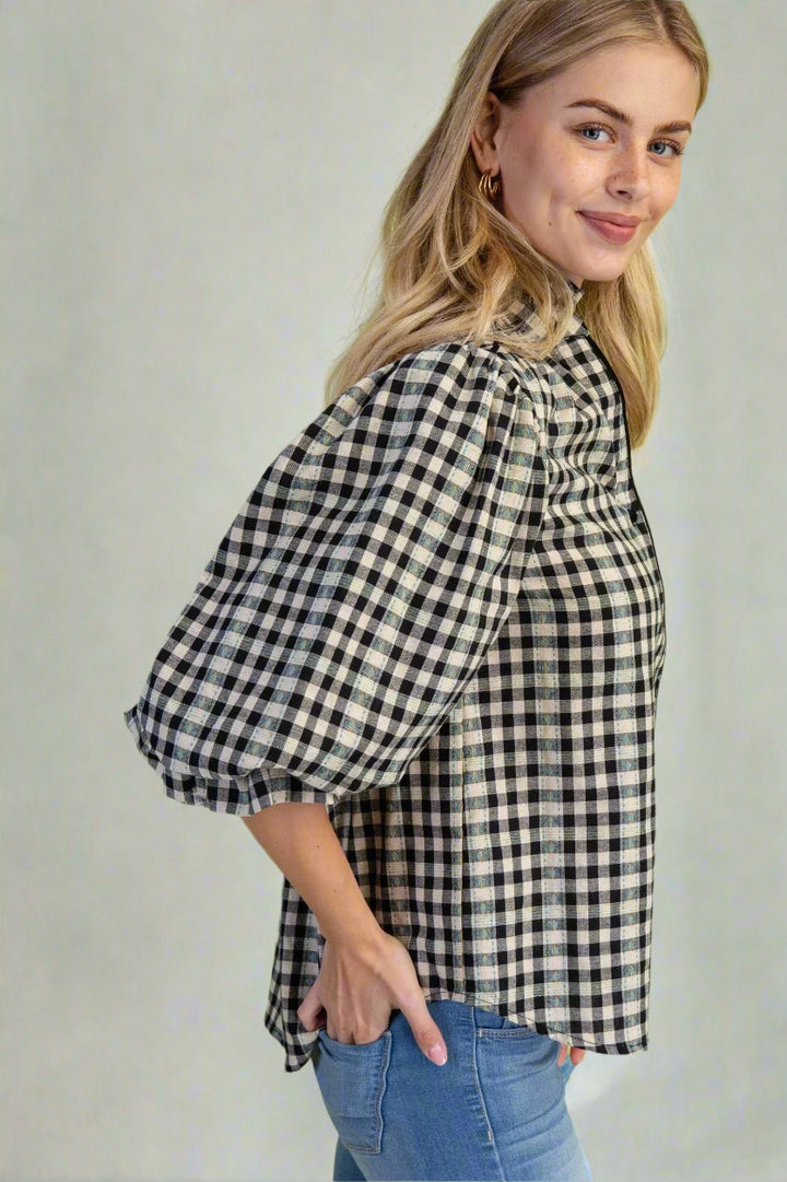 Color Accented Gingham Gathered Balloon Half Sleeve Blouse Top