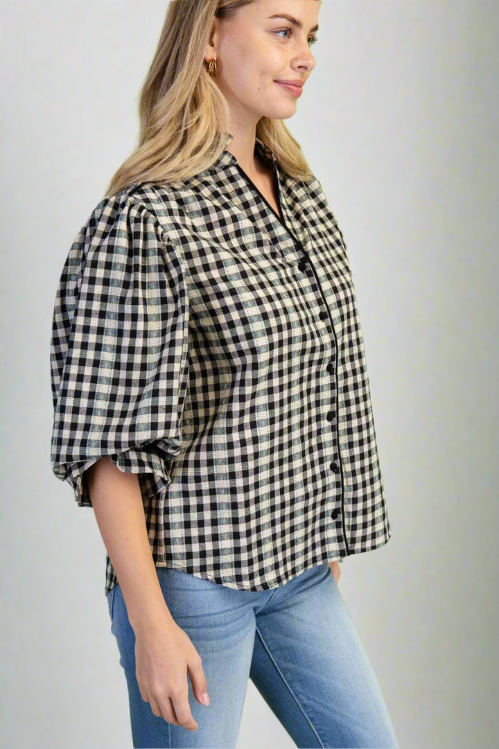 Color Accented Gingham Gathered Balloon Half Sleeve Blouse Top
