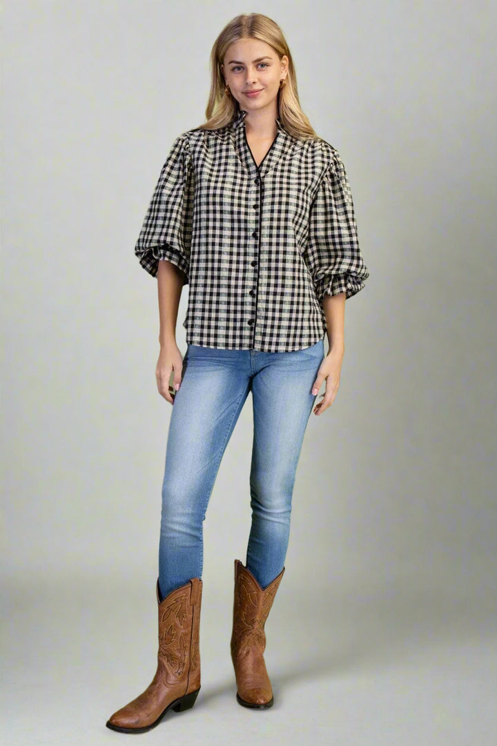 Color Accented Gingham Gathered Balloon Half Sleeve Blouse Top