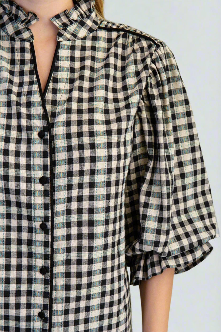 Color Accented Gingham Gathered Balloon Half Sleeve Blouse Top