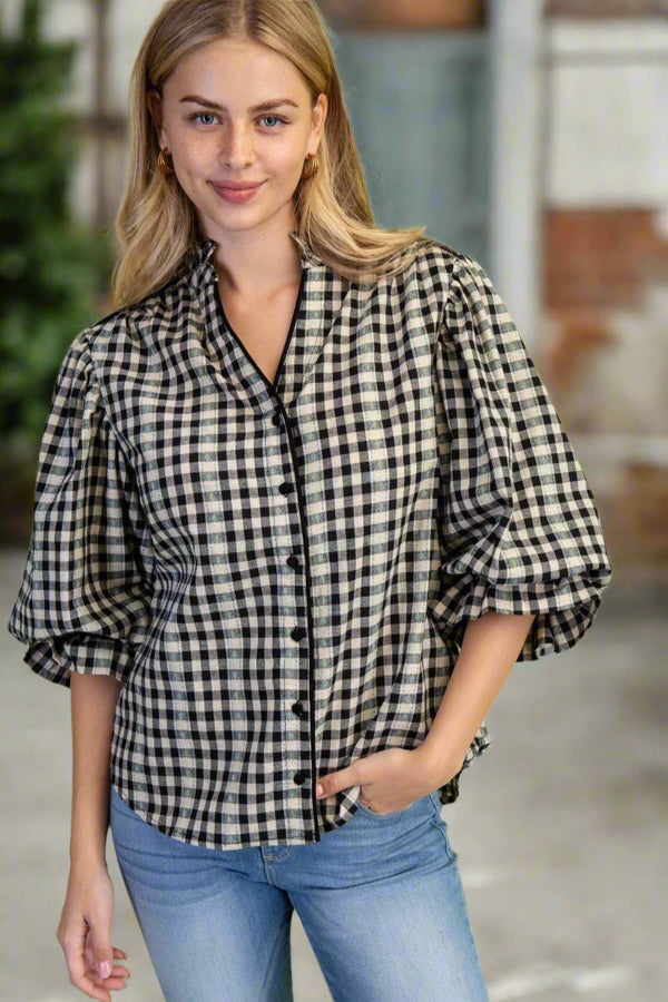 Color Accented Gingham Gathered Balloon Half Sleeve Blouse Top