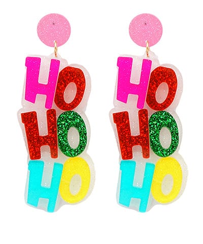 Colorful "Ho Ho Ho" Glitter Acrylic Christmas Drop Earrings