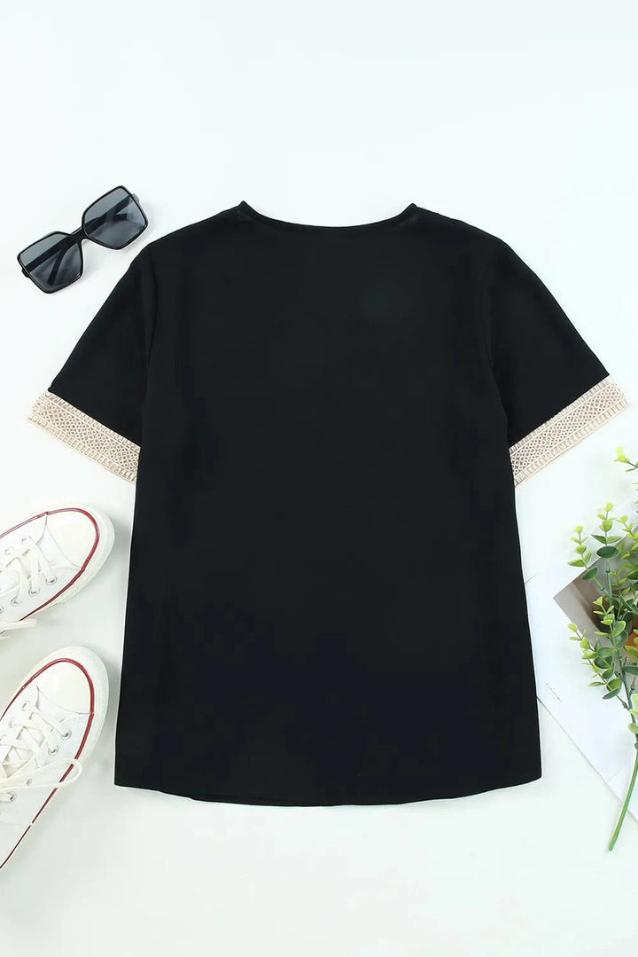 Contrast Color Lace Trim V-Neck Simple Solid Short Sleeve Blouse