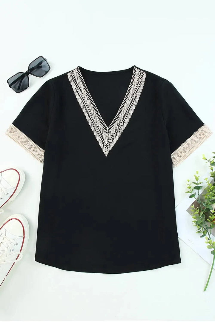 Contrast Color Lace Trim V-Neck Simple Solid Short Sleeve Blouse