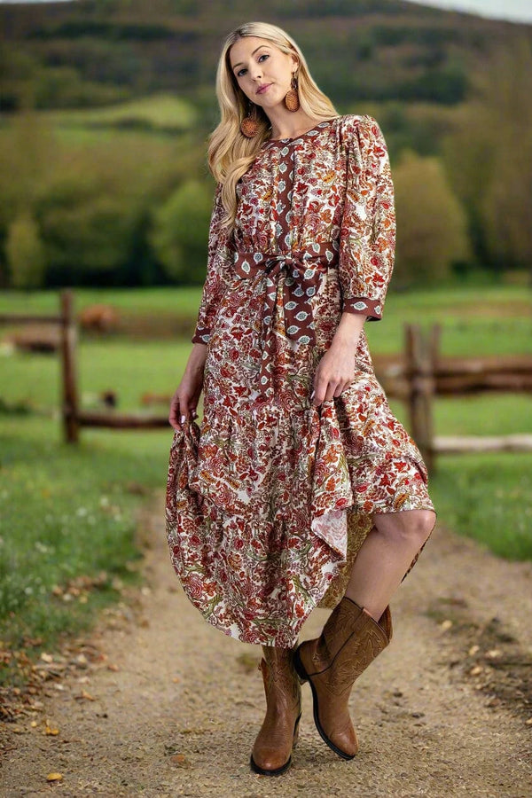 Contrasting Fabrics Floral Printed Tiered Half Button Down Midi Dress