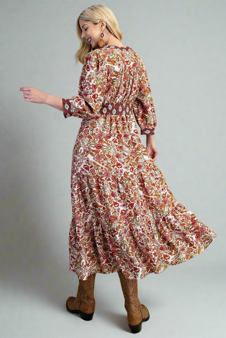 Contrasting Fabrics Floral Printed Tiered Half Button Down Midi Dress