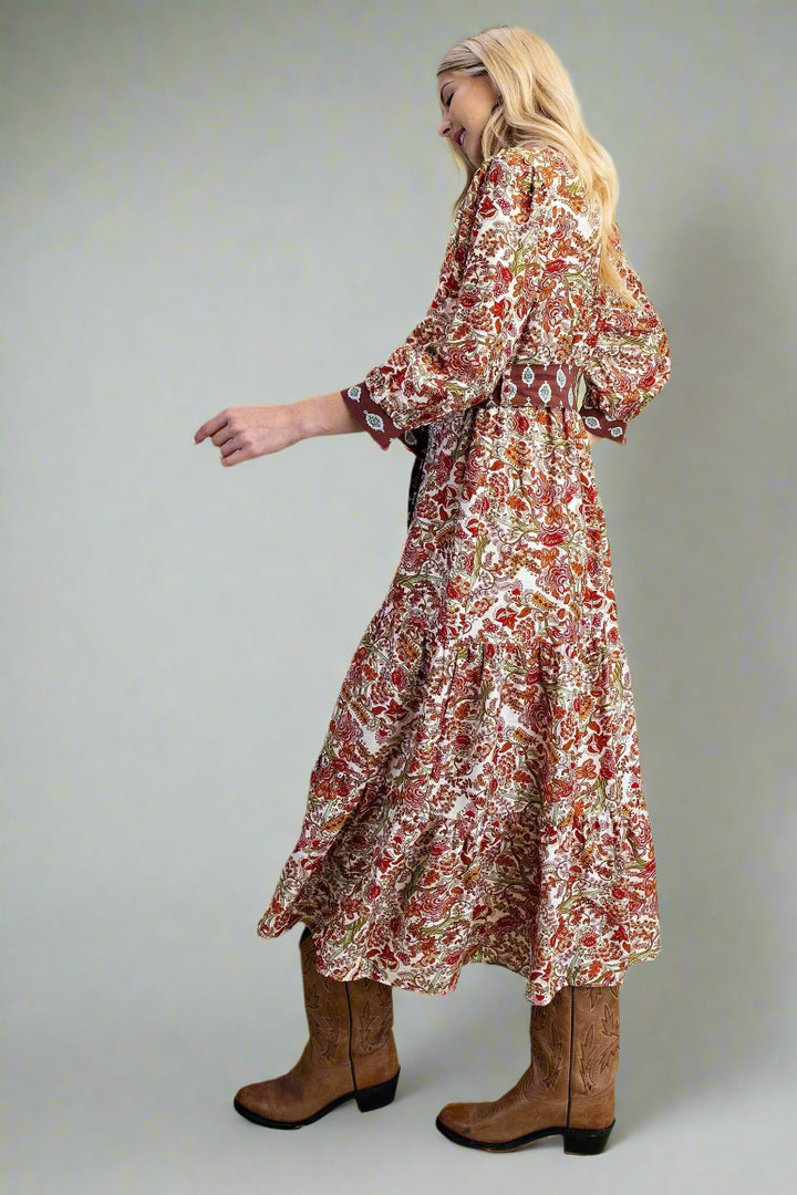 Contrasting Fabrics Floral Printed Tiered Half Button Down Midi Dress