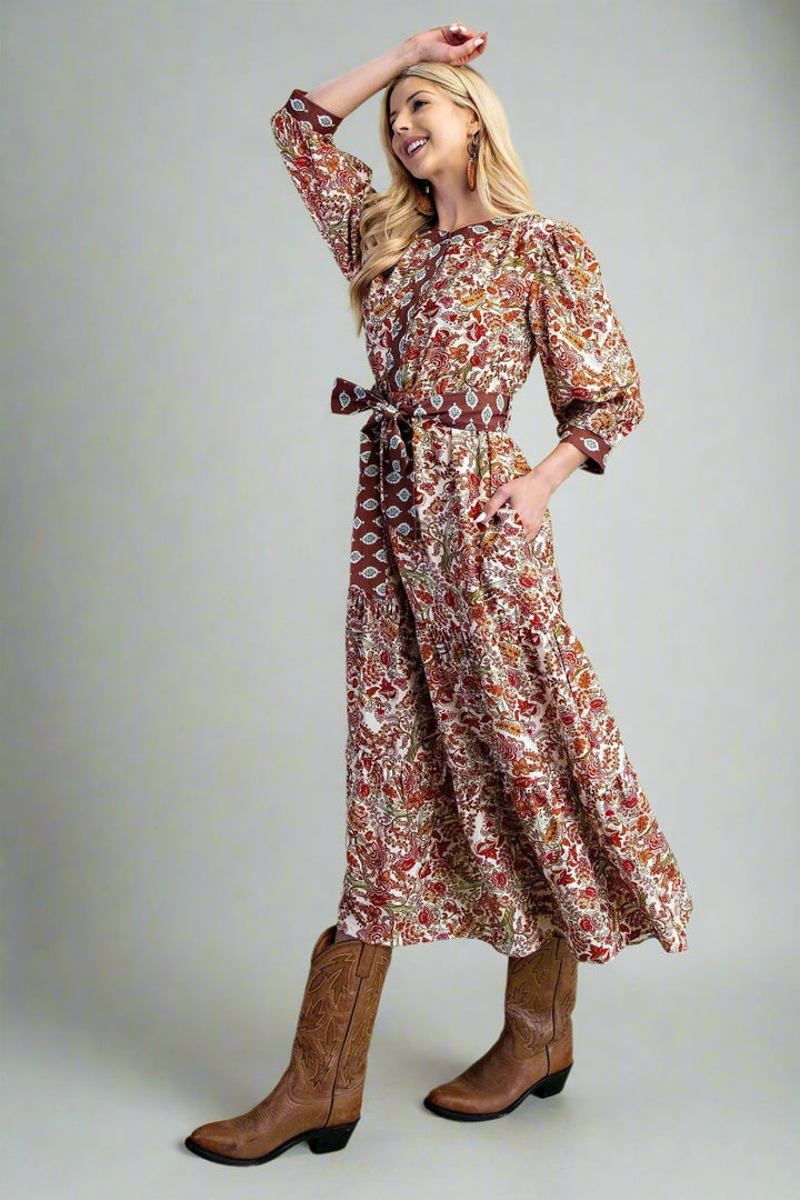 Contrasting Fabrics Floral Printed Tiered Half Button Down Midi Dress