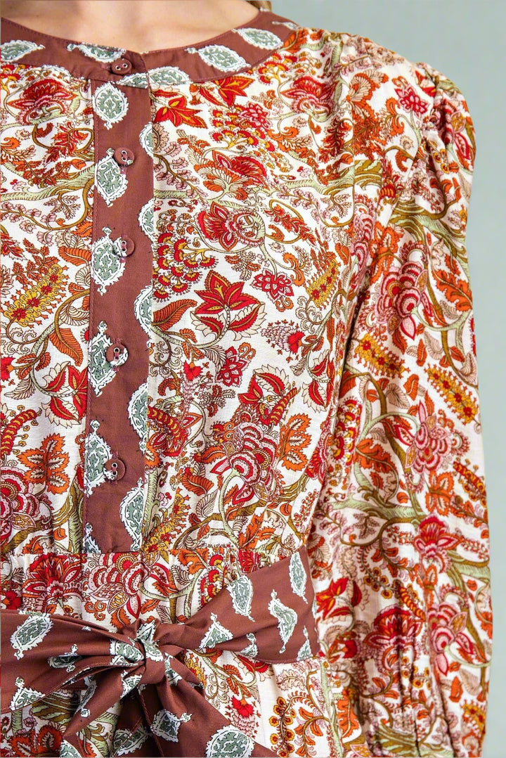 Contrasting Fabrics Floral Printed Tiered Half Button Down Midi Dress