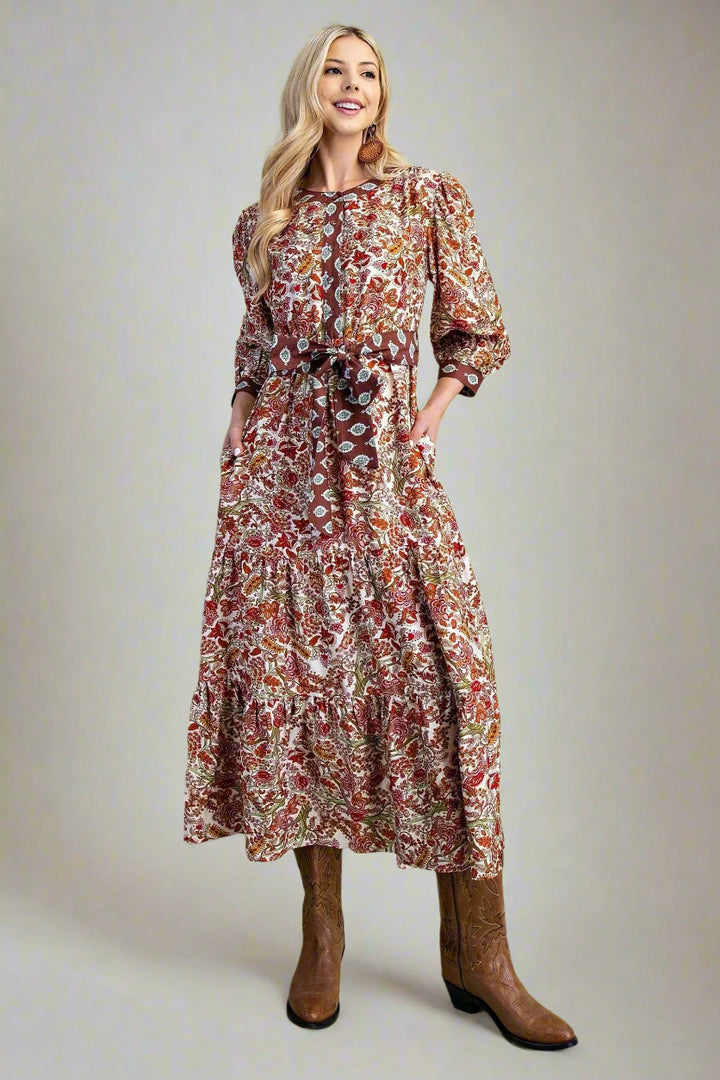 Contrasting Fabrics Floral Printed Tiered Half Button Down Midi Dress