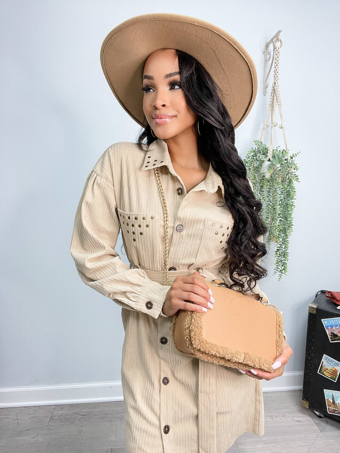 Corduroy Belted Stud Detail Collar And Pocket Button Down Shirt Dress