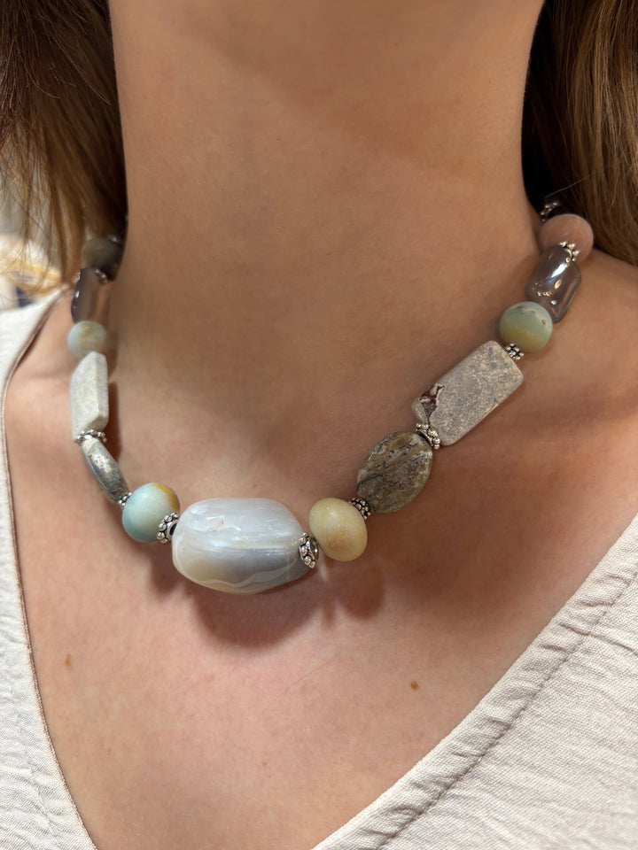 Corinthia Handmade Mixed Genuine Stone Short Beaded Necklace