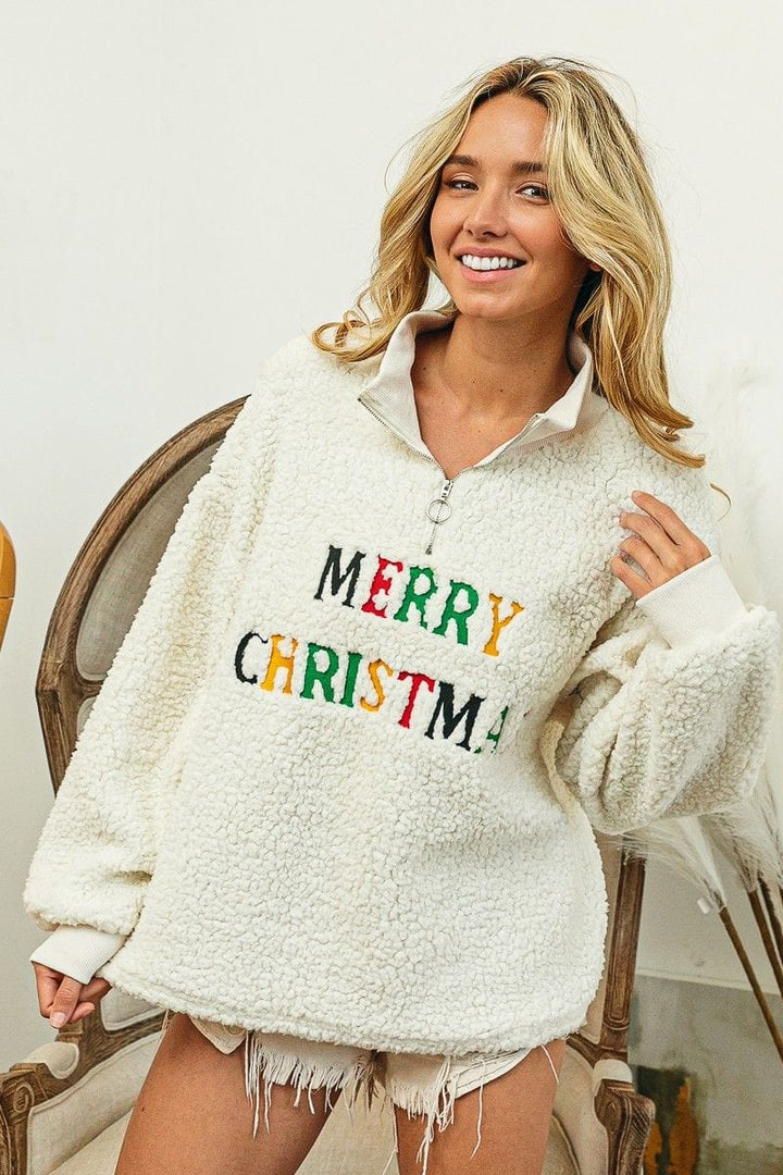 Cozy Christmas Embroidered Half Neck Collared Zip-Up Sherpa Pullover Top