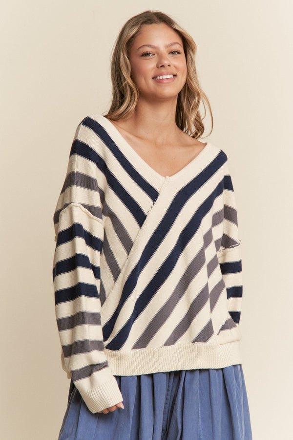 Cross Front Out Seam Wide V-Neck Multicolor Striped Sweater