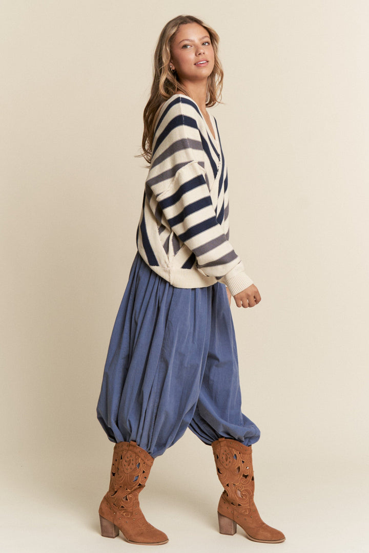 Cross Front Out Seam Wide V-Neck Multicolor Striped Sweater