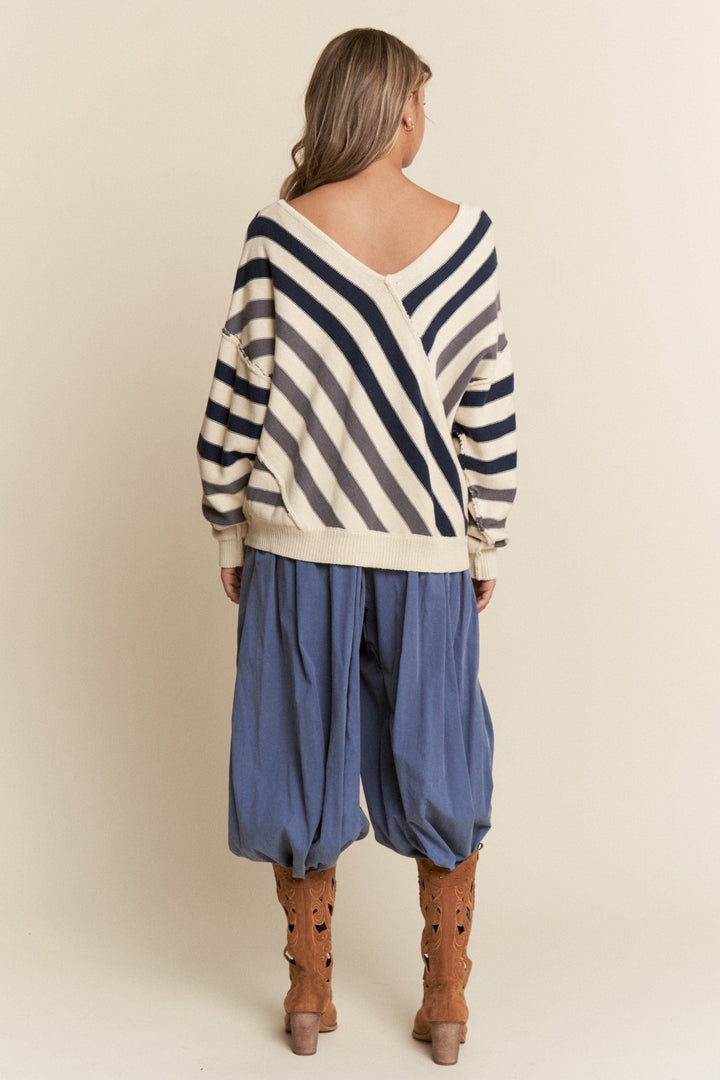 Cross Front Out Seam Wide V-Neck Multicolor Striped Sweater