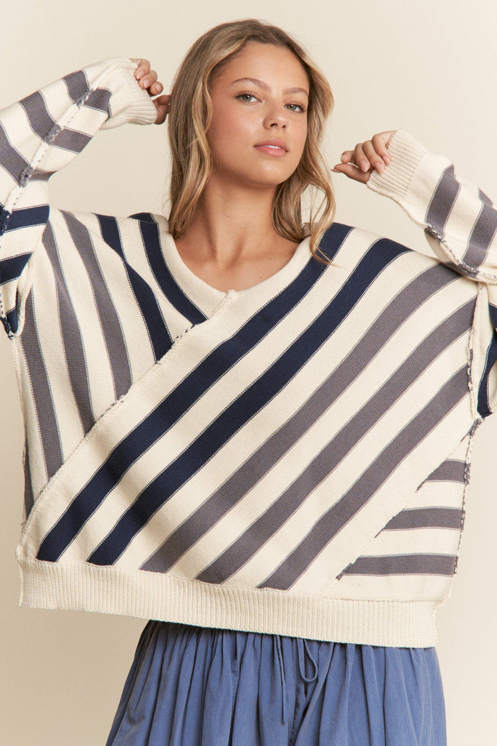 Cross Front Out Seam Wide V-Neck Multicolor Striped Sweater