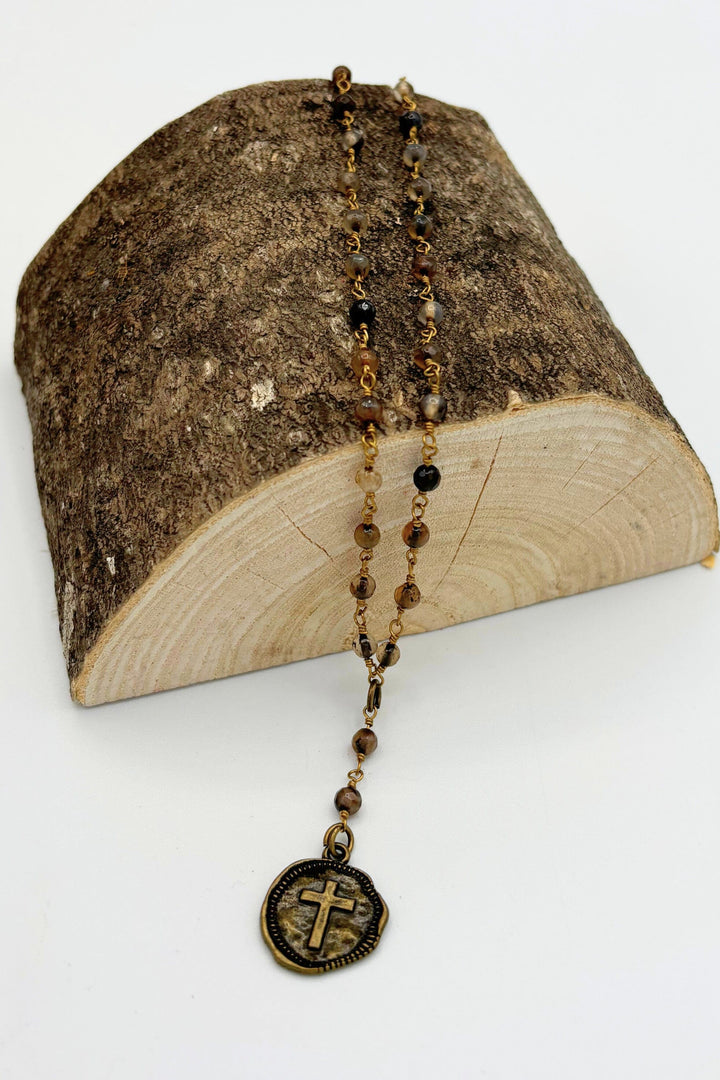 Cross Wax Stamp Style Charm on Marbled Glass Bead Chain Necklace