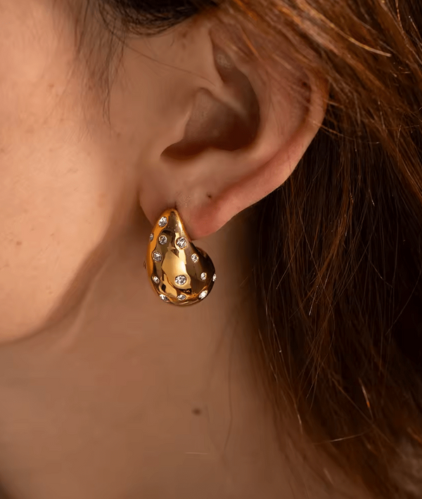 Crystal Studded 18K Gold Plated Water Droplet Earrings