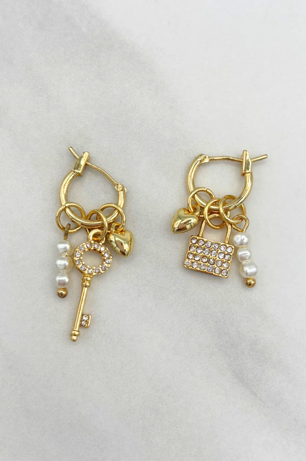 Crystal Studded Lock and Key Charm Huggie Hoops with Small Pearl Bead Accents
