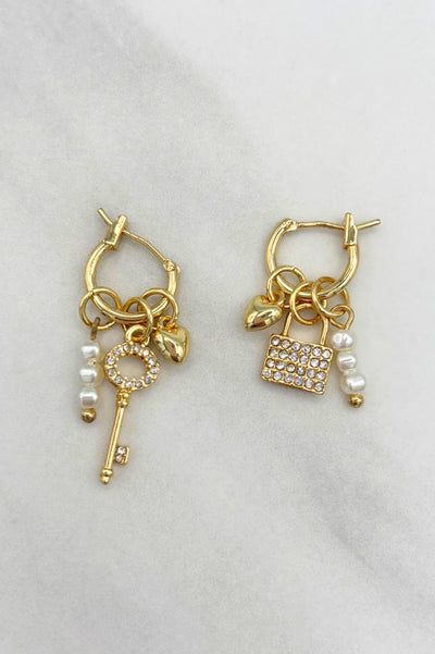 Crystal Studded Lock and Key Charm Huggie Hoops with Small Pearl Bead Accents