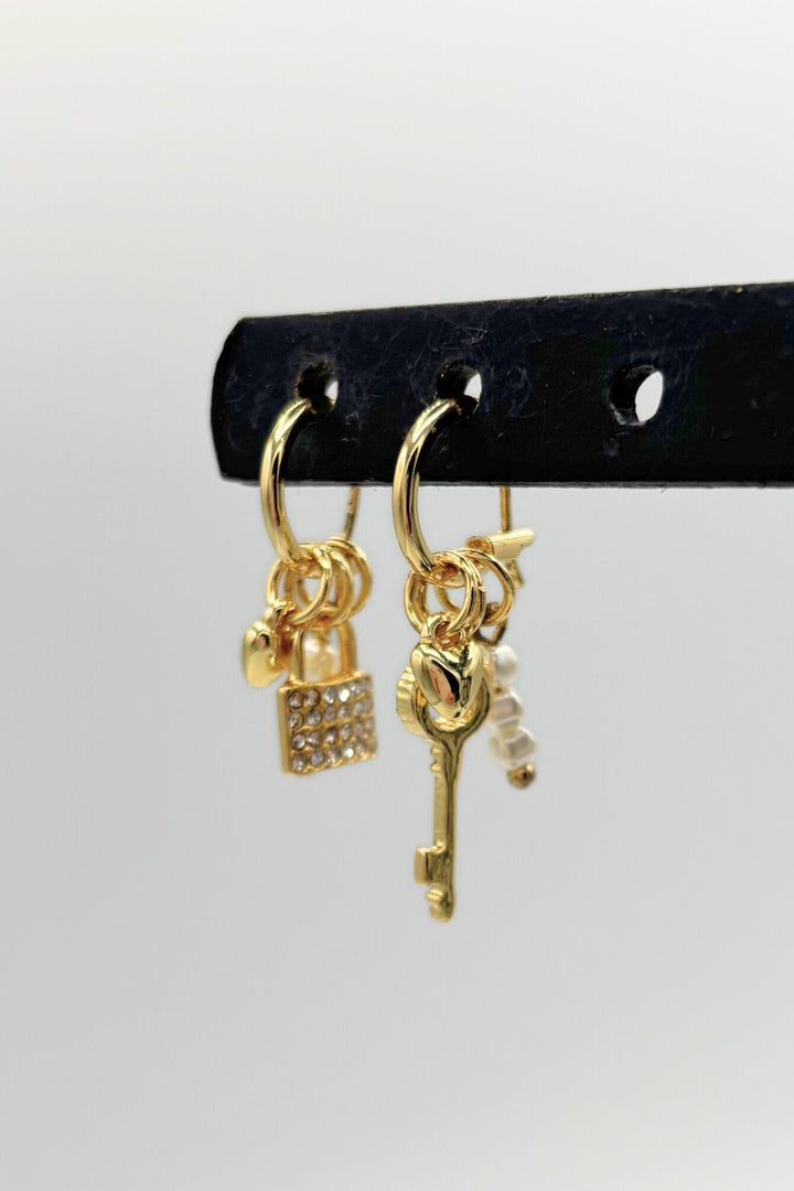 Crystal Studded Lock and Key Charm Huggie Hoops with Small Pearl Bead Accents