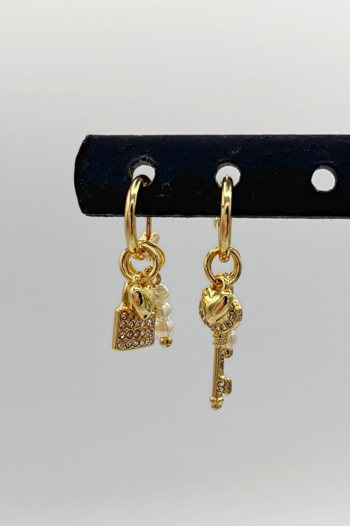 Crystal Studded Lock and Key Charm Huggie Hoops with Small Pearl Bead Accents