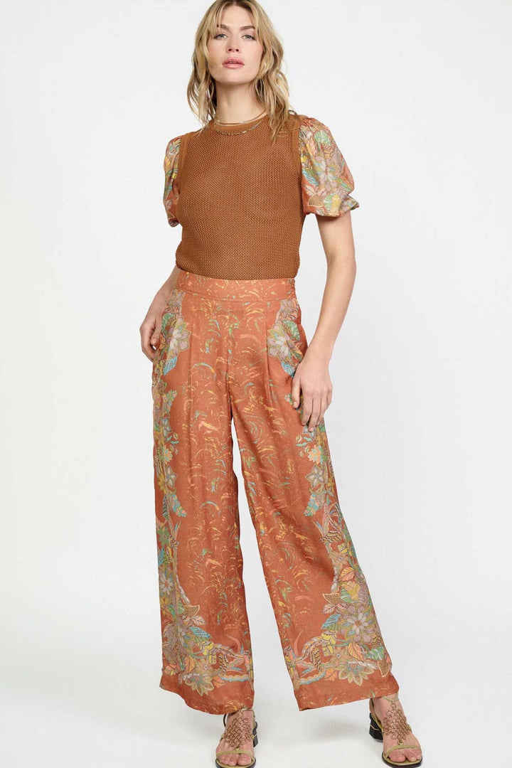 Current Air Border Printed Back Elastic Waisted Wide Pants