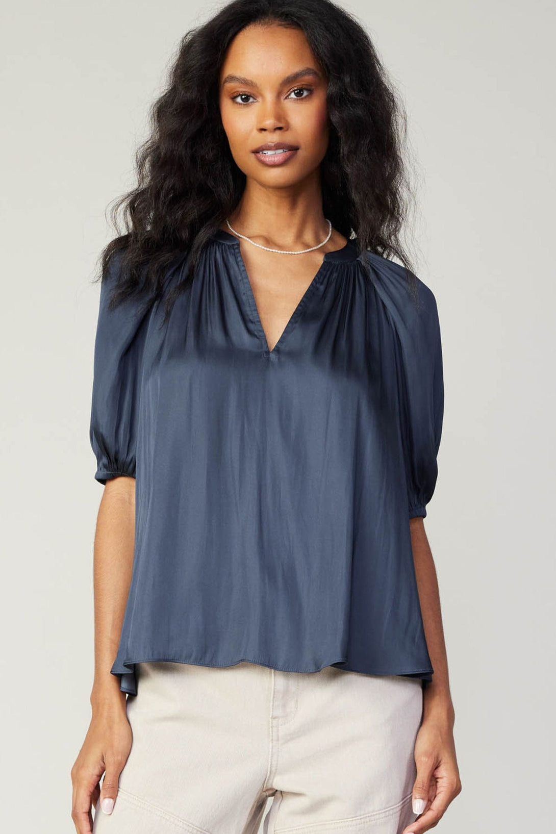 Current Air Half Sleeve V Neck Blouse with Gathered Detail on Sleeves and Neck