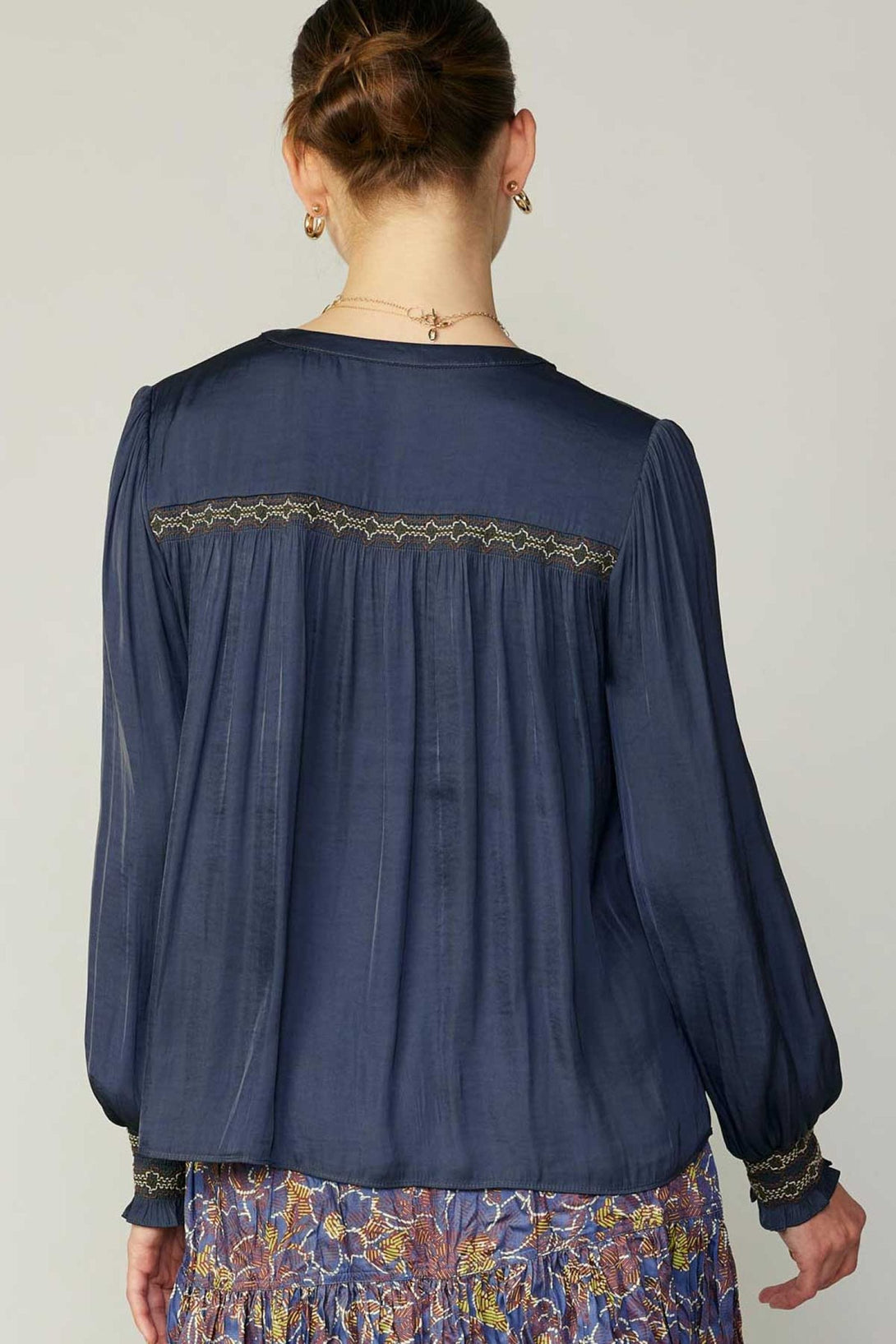 Current Air Long Sleeve Blouse with Special Smocking on Chest and Cuffs