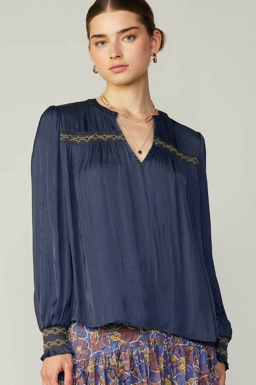 Current Air Long Sleeve Blouse with Special Smocking on Chest and Cuffs