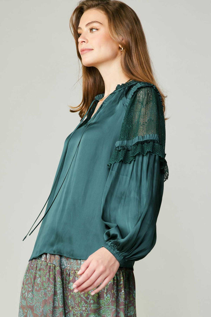 Current Air Long Sleeve Split Neck with Tie and Ruffle Detail on Shoulder