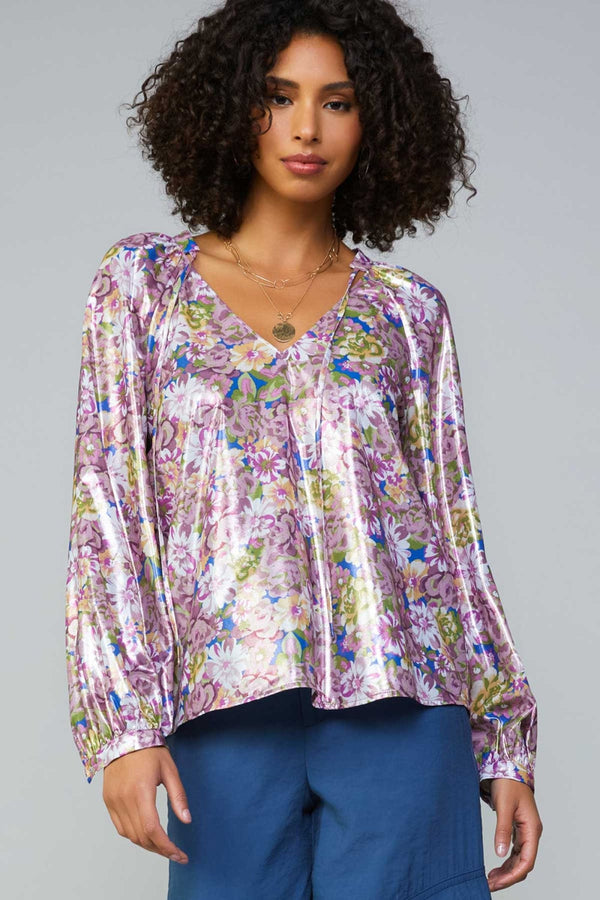 Current Air Long Sleeve V-Neck Blouse with Self Tie and Pleat at the Back